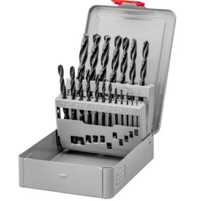 Set of drill bits in various sizes in a grey box isolated in white background