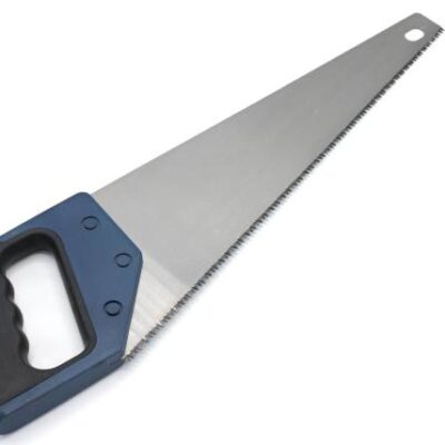A close up of a saw with a blue handle on a white background