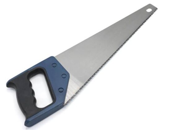 A close up of a saw with a blue handle on a white background