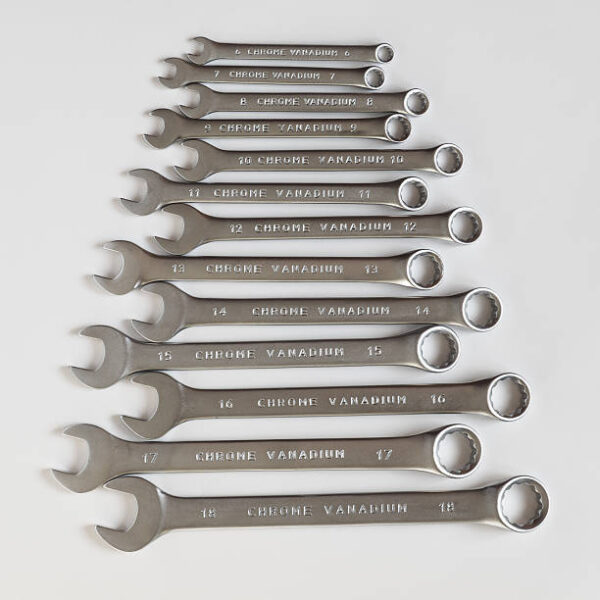 Set of chrome vanadium steel wrenches spanners of many different sizes